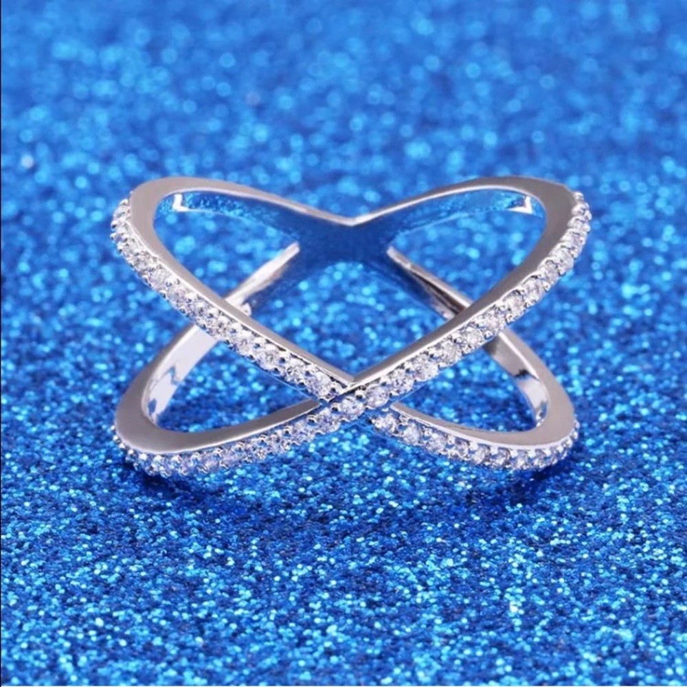 Silver Crystal X Cross Ring - Silver Ring with Pavé Stones